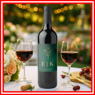 Emerald Green & Gold Monogram Wildflower Wedding Wine Label