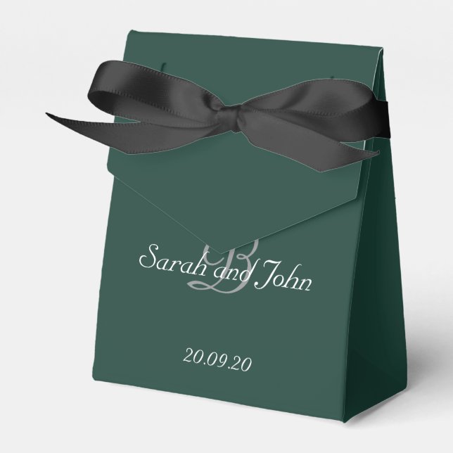 Emerald Green & Gold Name Monogram Wedding Favor Box (Front Side)