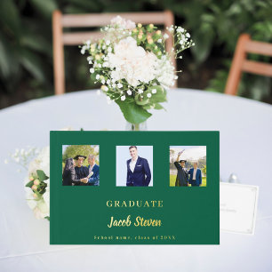 Emerald green gold name script photo Graduation Guest Book