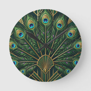 Emerald Green Gold Peacock Feathers Art Deco  Round Clock
