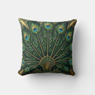 Emerald Green Gold Peacock Feathers Art Deco Throw Pillow