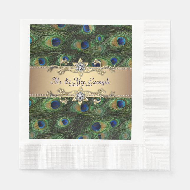 Emerald Green Gold Peacock Wedding Napkin (Front)