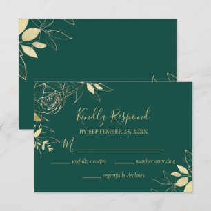 Emerald Green & Gold Peony Modern Floral Wedding RSVP Card
