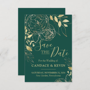 Emerald Green & Gold Peony Modern Floral Wedding Save The Date
