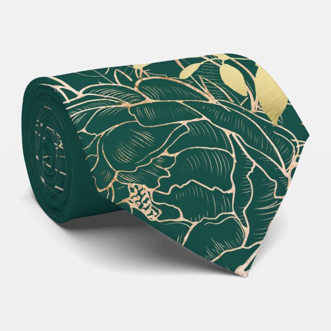 Emerald Green & Gold Peony Modern Floral Wedding Tie (Rolled)