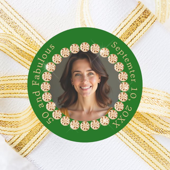 Emerald green gold photo diamond fabulous birthday classic round sticker (Creator Uploaded)
