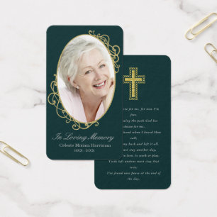 Emerald Green Gold Photo Funeral Prayer Card