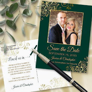 Emerald Green & Gold Photo Save the Date Wedding Announcement Postcard