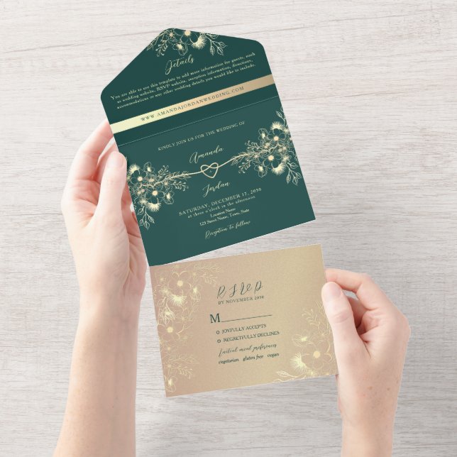 Emerald Green Gold Photo Wedding All In One Invitation (Tearaway)