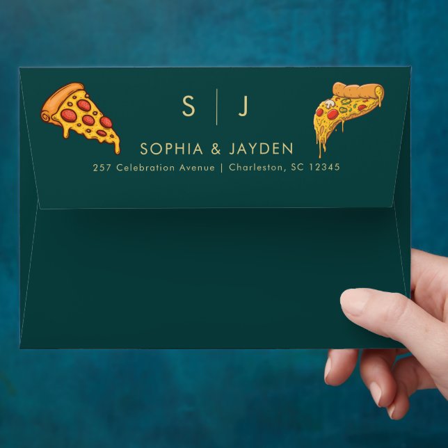 Emerald Green Gold PIZZA Modern Minimal Wedding Envelope (Hand)