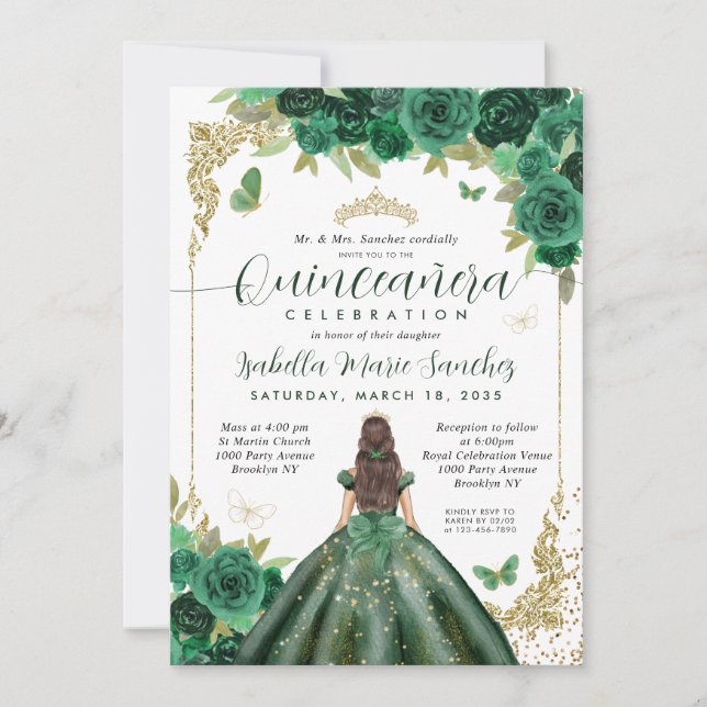 Emerald Green Gold Princess Floral Quinceañera Invitation (Front)