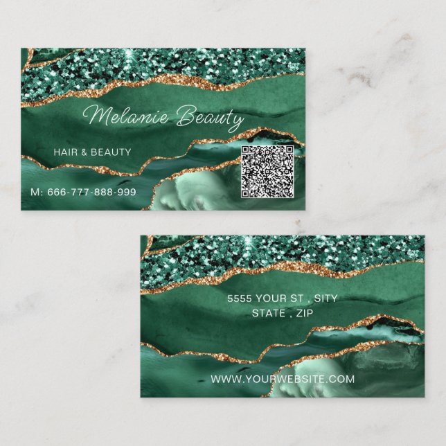 Emerald Green Gold QR Code Business Card Example (Front/Back)