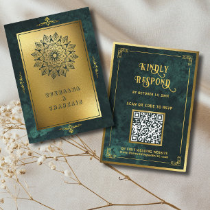 Emerald Green Gold QR Code RSVP Wedding Website Enclosure Card