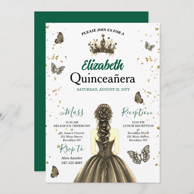Emerald Green Gold Quinceañera Invitation (Front/Back)