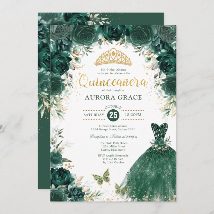 Emerald Green Gold Quinceañera Mis Quince 15 Anos Invitation Zazzle