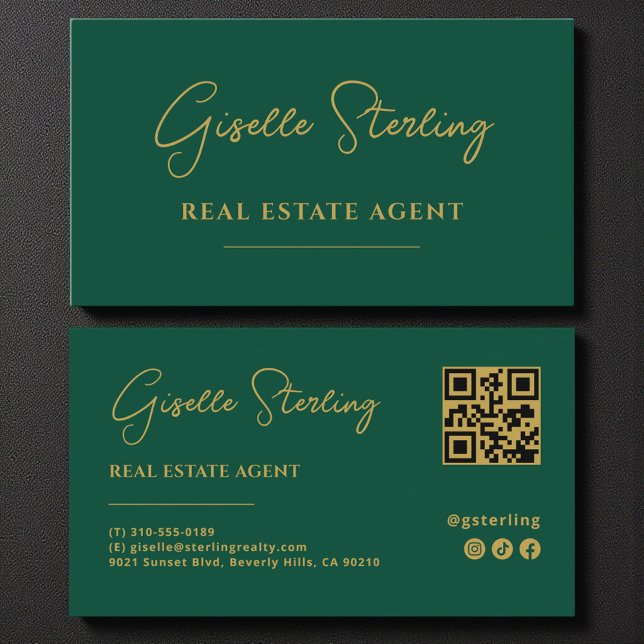 Emerald Green & Gold Real Estate Agent QR Code Business Card (Creator Uploaded)