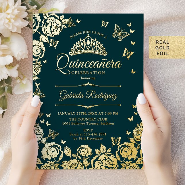 Emerald Green Gold Roses Butterflies Quinceanera (Creator Uploaded)