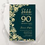 Emerald Green Gold Roses Surprise 90th Birthday Invitation<br><div class="desc">Emerald Green Gold Floral Surprise 90th Birthday Party Invitation. Elegant design featuring roses,  faux gold foil and typography script font. Trendy invite card perfect for a stylish female bday celebration. Can be customized to any age. Printed Zazzle invitations or instant download digital printable template.</div>