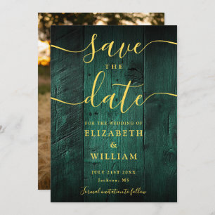 Emerald Green Gold Rustic Barn Wood Photo Wedding  Save The Date