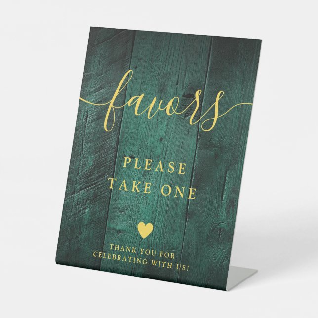 Emerald Green Gold Rustic Boho Barn Wood Favours Pedestal Sign (Front)
