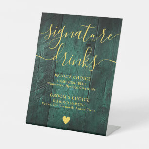 Emerald Green Gold Rustic Wood Signature Drinks Pedestal Sign