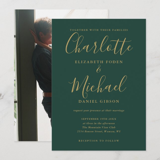 Emerald Green Gold Script Photo Wedding Invitation (Front/Back)