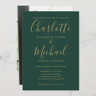 Emerald Green Gold Script Photo Wedding Invitation