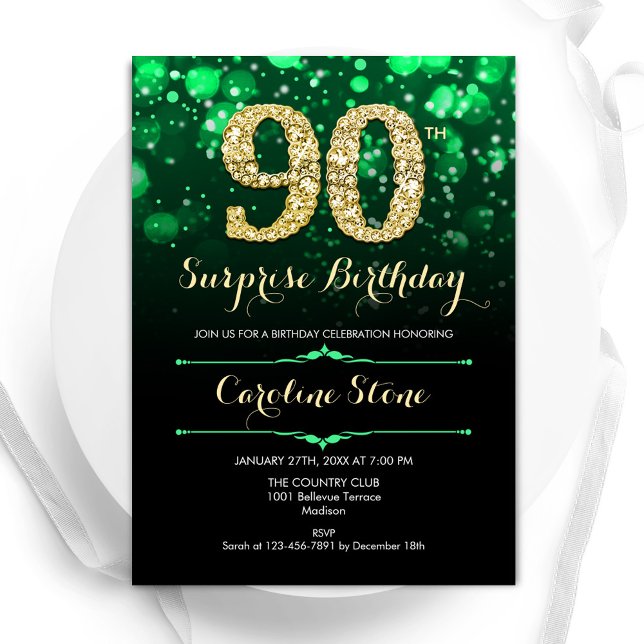 Emerald Green Gold Surprise 90th Birthday Invitation (Creator Uploaded)