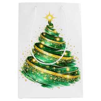Emerald Green Gold Swirl Christmas Tree Medium Gift Bag