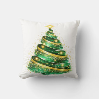 Emerald Green Gold Swirl Christmas Tree Throw Pillow