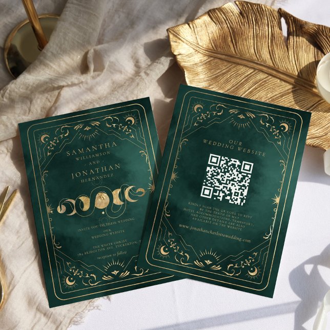 Emerald Green Gold Tarot Celestial QR Code Wedding Invitation (Creator Uploaded)
