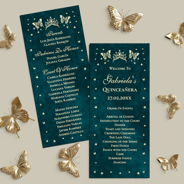 Emerald Green Gold Tiara Butterflies Quinceañera Program (Emerald Green Gold Tiara Butterflies Quinceañera Program)