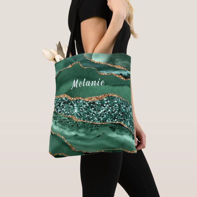 Emerald Green Gold Tote Bag Personalized Name (Close Up)