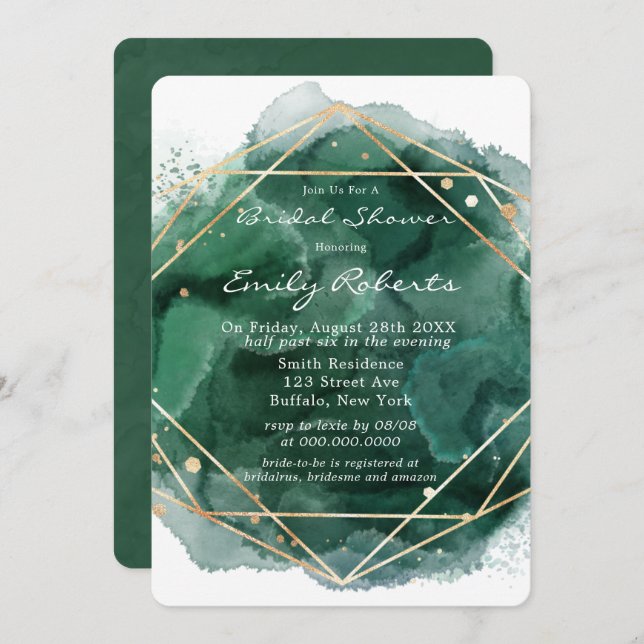 Emerald Green Gold Watercolor Bridal Shower Invitation (Front/Back)