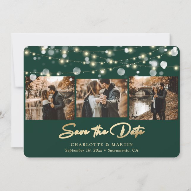 Emerald Green Gold Wedding 4 Photo Save The Date (Front)