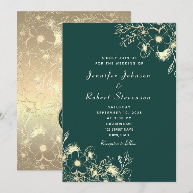 Emerald Green Gold Wedding Invitation (Front/Back)