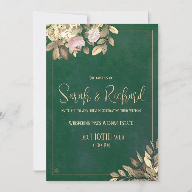 Emerald Green & Gold Wedding Invitation (Front)