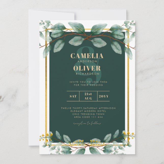 Emerald Green Gold Wedding Invitations numérique (Devant)