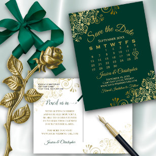 Emerald Green Gold Wedding Save the Date Calendar Announcement Postcard