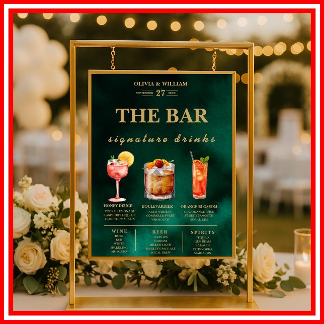 Emerald Green & Gold Wedding Signature Drinks Bar  Poster (Creator Uploaded)