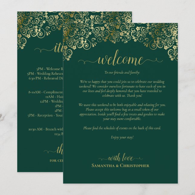 Emerald Green & Gold Wedding Welcome & Itinerary Program (Front/Back)