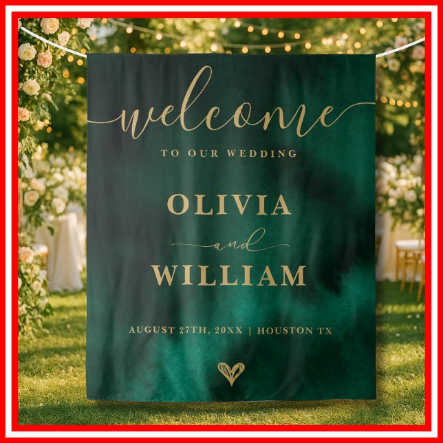 Emerald Green & Gold Wedding Welcome Sign Backdrop Tapestry (Creator Uploaded)