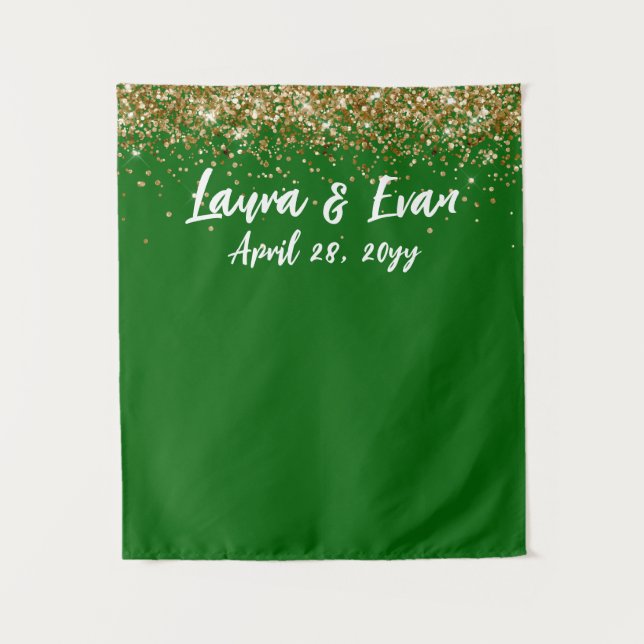 Emerald Green Gold White Wedding Photo Booth Prop Tapestry (Front)
