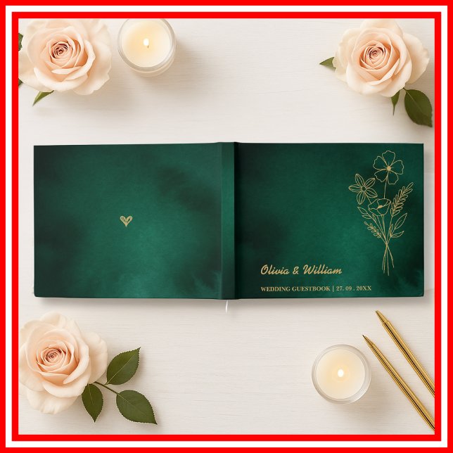 Emerald Green & Gold Wildflowers Wedding Guest Book (Creator Uploaded)