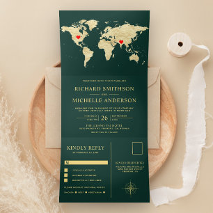 Emerald Green Gold World Map All in One Wedding Tri-Fold Invitation