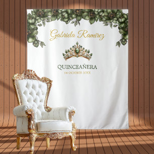 Emerald Green Golden Floral Quinceañera Backdrop Tapestry