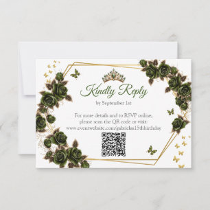Emerald Green Golden Roses Butterfly Quinceañera RSVP Card