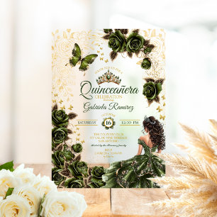 Emerald Green Golden Tiara Floral  Quinceañera Acrylic Invitations