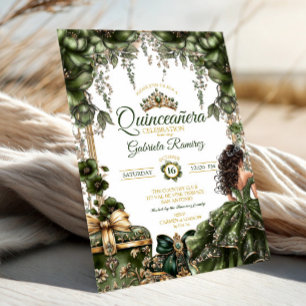 Emerald Green Golden Tiara Floral  Quinceañera Invitation