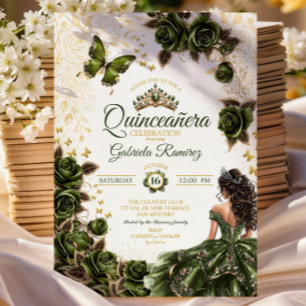 Emerald Green Golden Tiara Floral Quinceañera Invitation